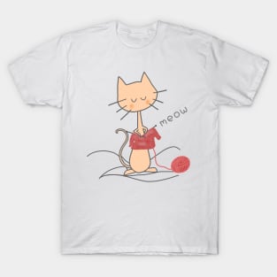 Orange Knitting Cat - White T-Shirt